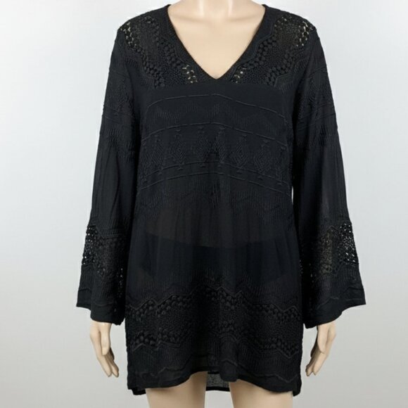 NWOT La Blanca Black Crochet V-Neck Bell Sleeve Swim Cover-Up Tunic XL - Picture 3 of 13